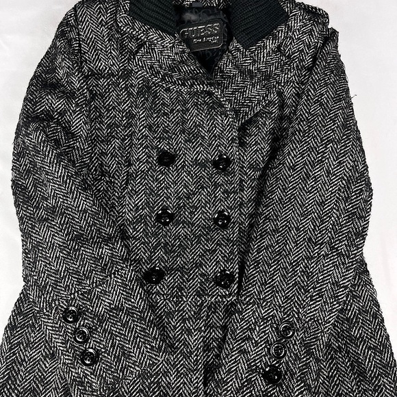 Guess Herringbone Wool Blend Pea Coat Black and White Size Large - Picture 6 of 9